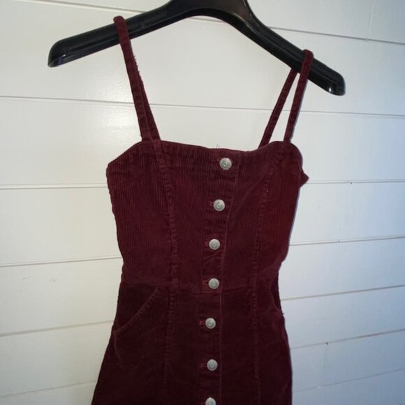 Divided H&M Wine Colored Maroon Jumper Dress Button Down Pockets (XXXS, Fits XS) - Picture 4 of 11
